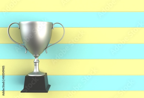 Trophy on yellow with blue wooden board, 3D rendering