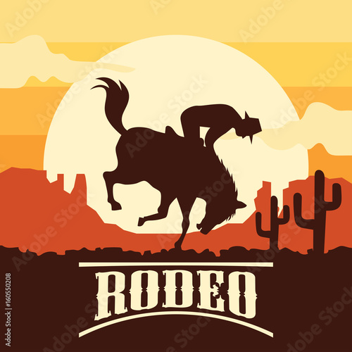 rodeo poster with cowboy silhouette riding on wild horse and bull. vector illustration