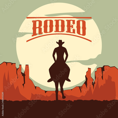 rodeo poster with cowboy silhouette riding on wild horse and bull. vector illustration