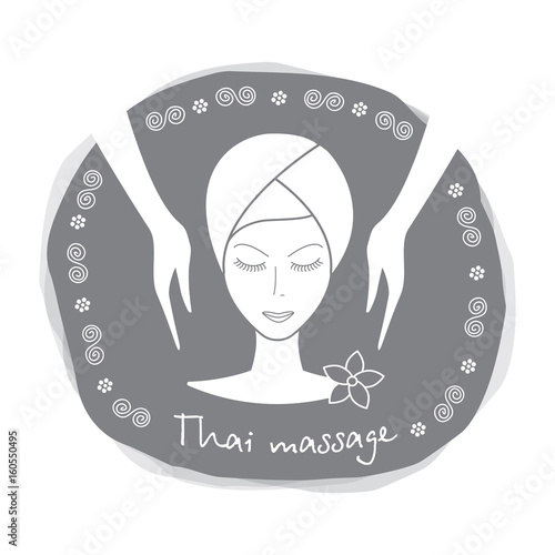 Logo thai massage. Face massage of a beautiful girl. Face of a beautiful girl and hands.  Stock vector. Flat design.