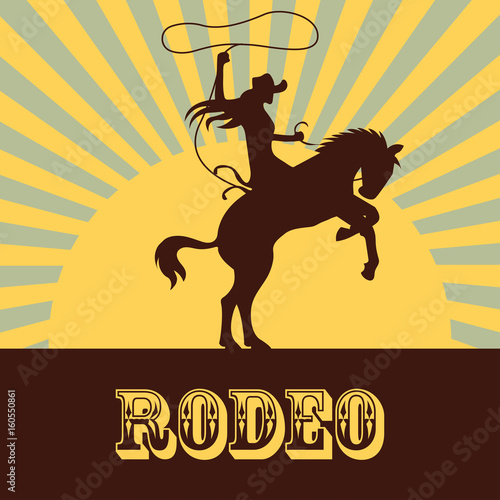 rodeo poster with cowgirl silhouette riding on wild horse and bull. vector illustration