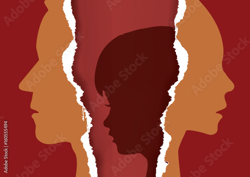 Divorce couple and sad child.
Ripped paper with man and woman stylized silhouettes and sad child symbolizing divorce.Vector available