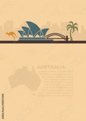 Template leaflets with a map and symbols of the Australia and place for text on old paper