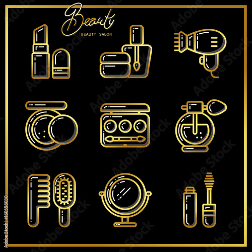Set of beauty cosmetics icons drawn in gold lines on a black background. Vector illustration for use on booklets, brochures, flyers, business beauty salons and hairdressers.