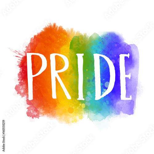 Pride - word on spectrum flag of gay parade. Bright artistic rainbow with hand drawn letters
