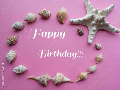 Photography Greeting card Happy birthday decorated with seashells on pink background