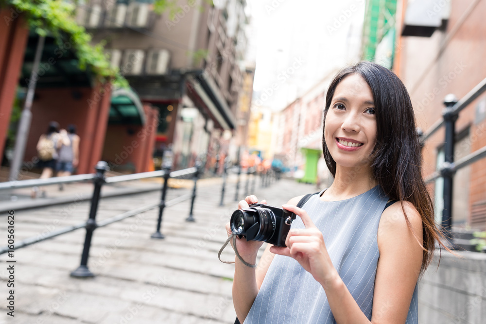 Travel woman in Pottinger Street of Hong Kong