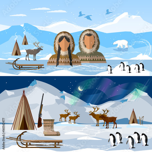 Wild north arctic banner, people in traditional eskimos costume and arctic animals. Life in the far north. Reindeer, polar day and polar night. Extreme journey to Alaska