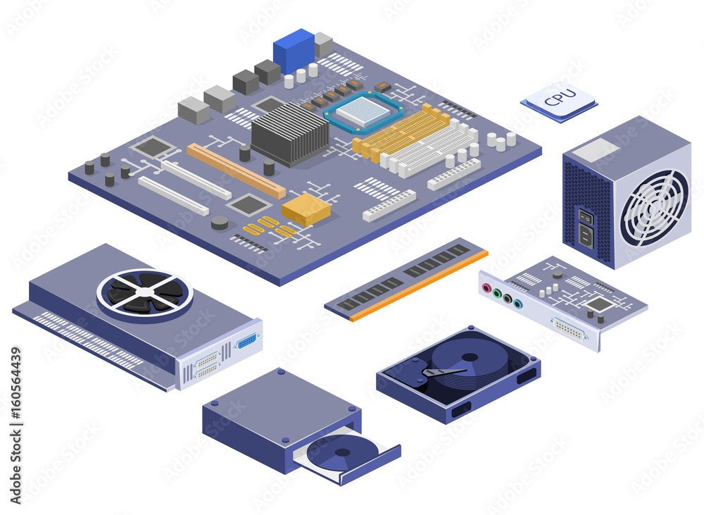 Obraz premium Isometric flat 3D isolated vector white computer Computer parts