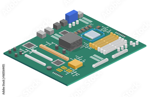 Isometric flat 3D isolated concept vector computer motherboard information system
