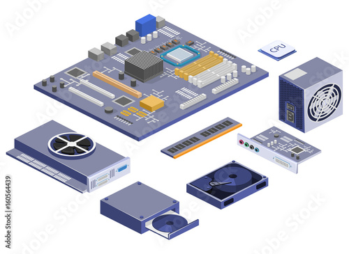 Isometric flat 3D isolated vector white computer Computer parts © reenya