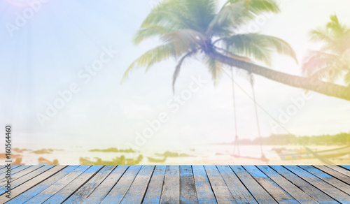  Wooden floor with tropical beach and palms trees, holiday and summer background.