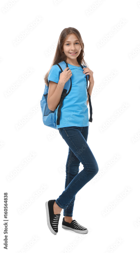 Cute pretty girl with schoolbag on white background Cute pretty girl with schoolbag on white background