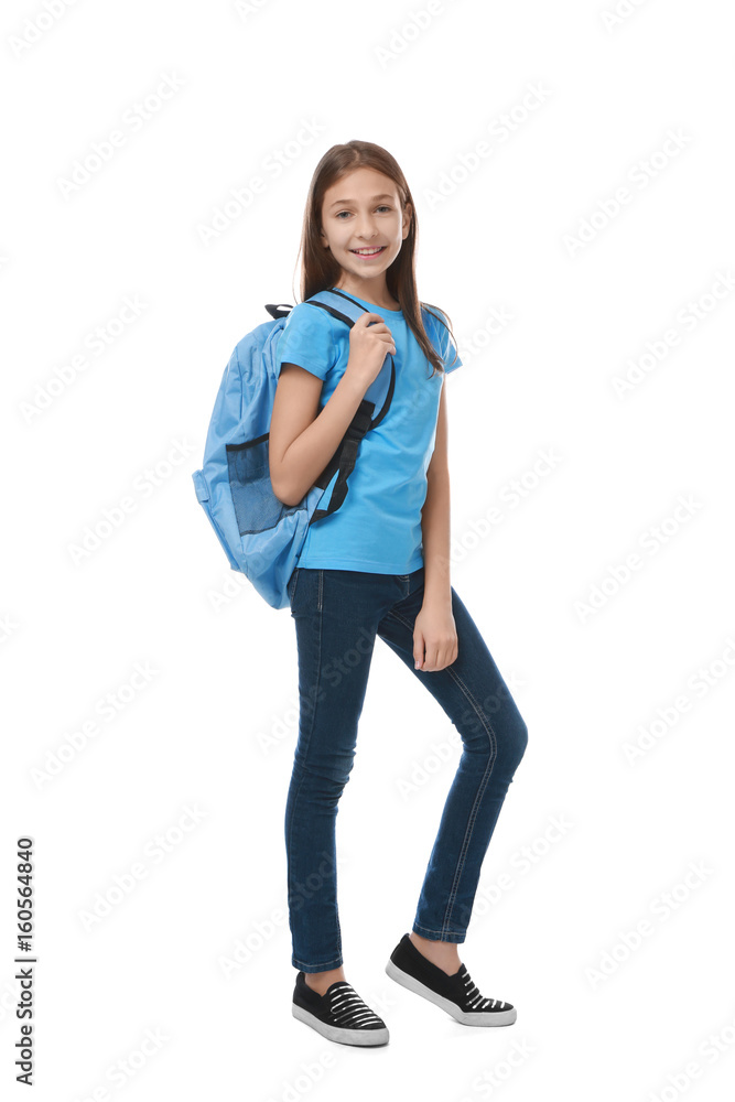 Cute pretty girl with schoolbag on white background Cute pretty girl with schoolbag on white background