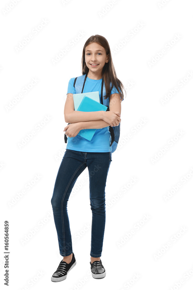 Cute pretty girl with books and schoolbag on white background Cute pretty girl with books and schoolbag on white background