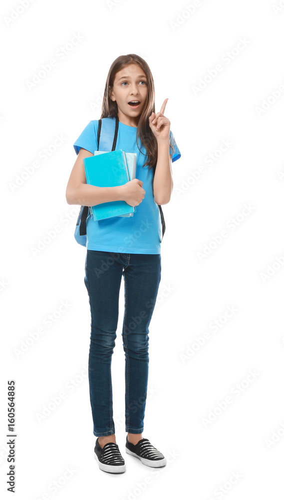 Cute pretty girl with books and schoolbag on white background Cute pretty girl with books and schoolbag on white background