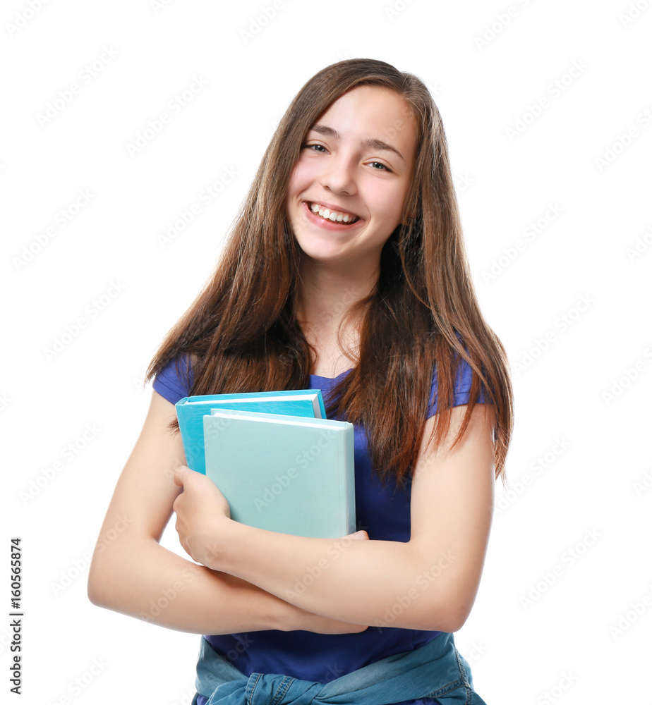 Cute pretty girl with books on white background Cute pretty girl with books on white background