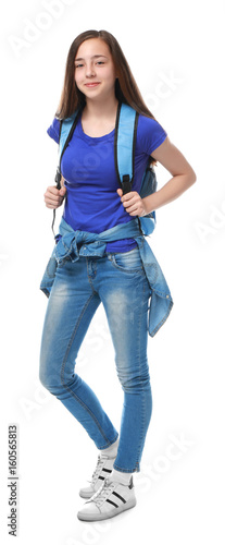 Cute pretty girl with schoolbag on white background