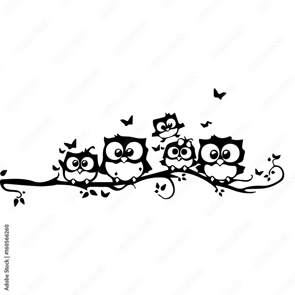 owlets on branch black on a white background owlets on branch black on a white background