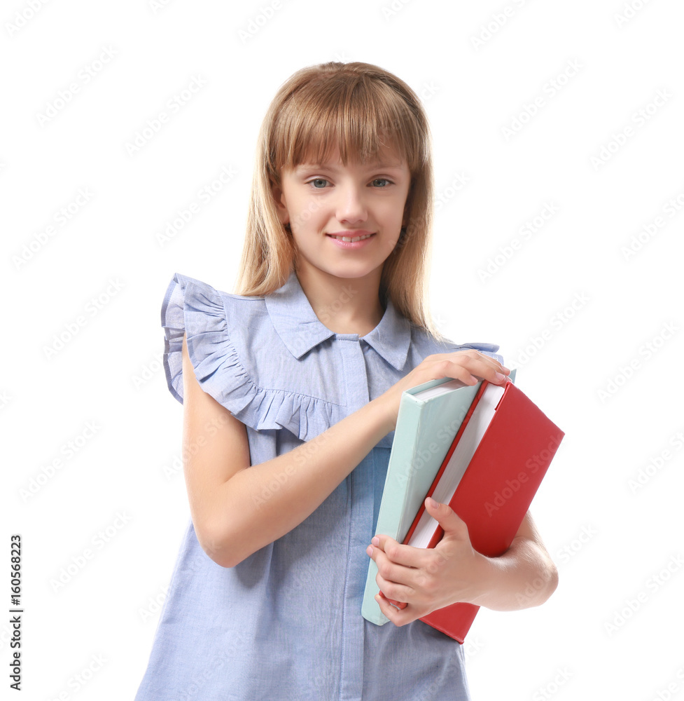 Pretty little girl with books on white background Pretty little girl with books on white background