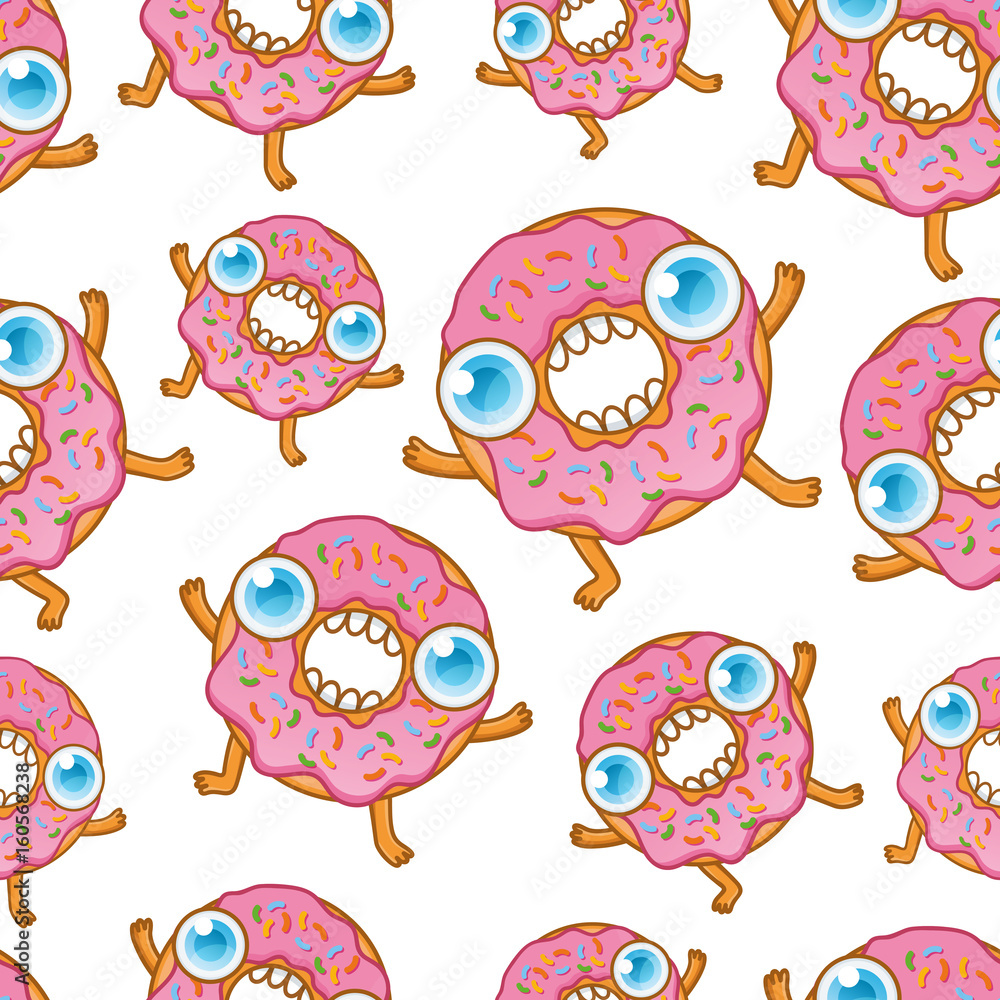 Funny donuts seamless pattern. Vector cartoon illustration