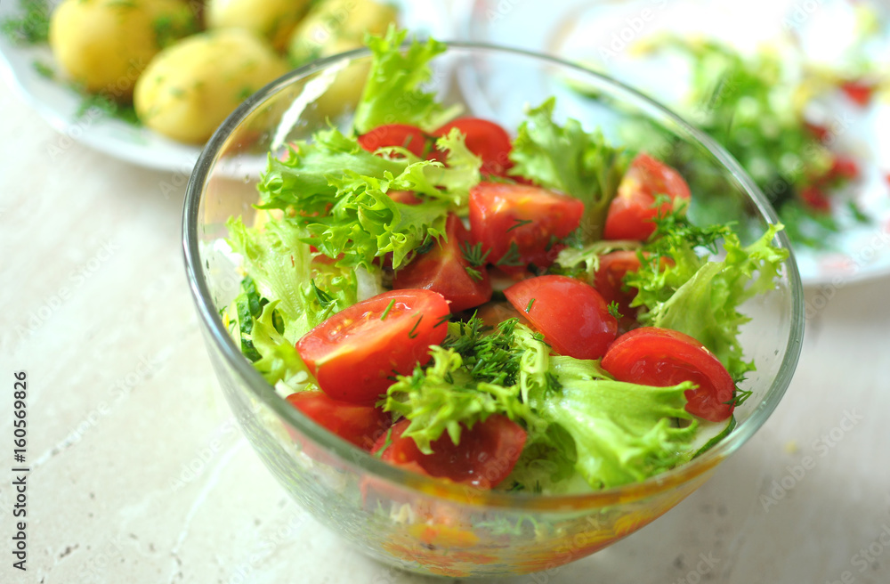 fresh vegetable salad with tomato, cucumber and salad frisee fresh vegetable salad with tomato, cucumber and salad frisee