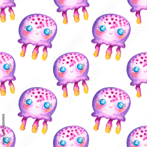 Seamless pattern with cute watercolor jellyfish