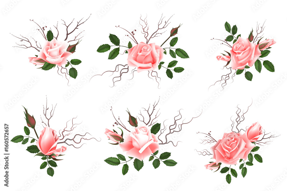 Obraz premium Bouquet of pink roses, can be used as greeting card, invitation card for wedding, birthday and other holiday and spring, summer background. Vector illustration EPS10.
