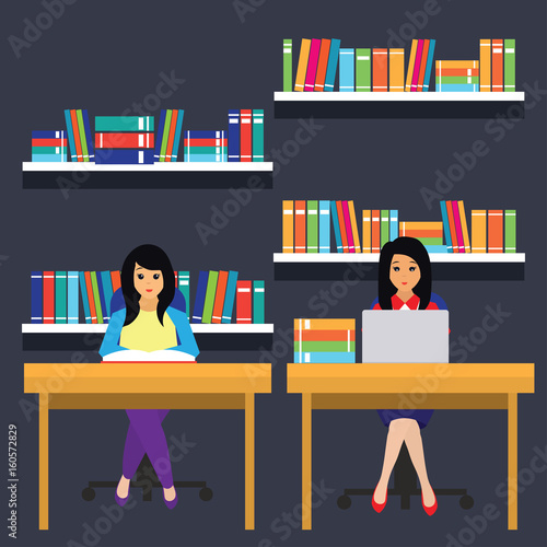 women in a library, working, reading a book. vector illustration