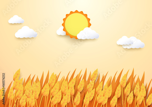 Paper art style Barley field with sun and cloud background