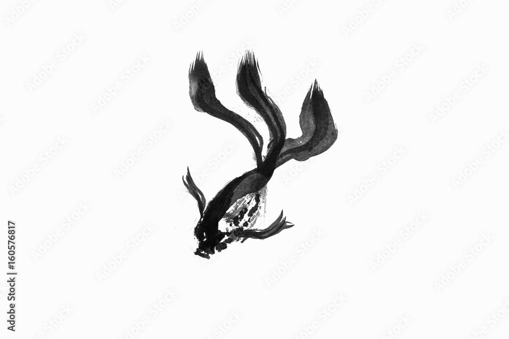 Fototapeta premium Abstract art painting gloden fish life, Chinese Brush style painting golden fish in black and white. isolate fish with white background, include with path file.