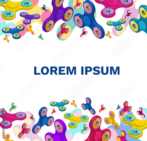 Fidget spinner background  or template for text with colorful 3d icons of trendy rotating toys vector illustration
