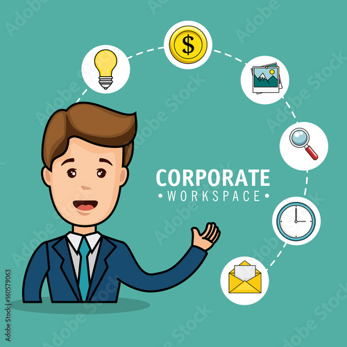 Corporate workspace design with businessman and office supplies icons over tela background