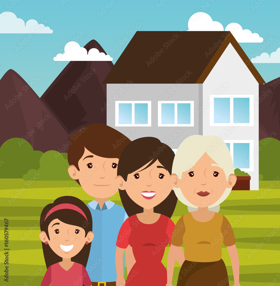 Family with outdoors landscape and house behind vector illustration 
