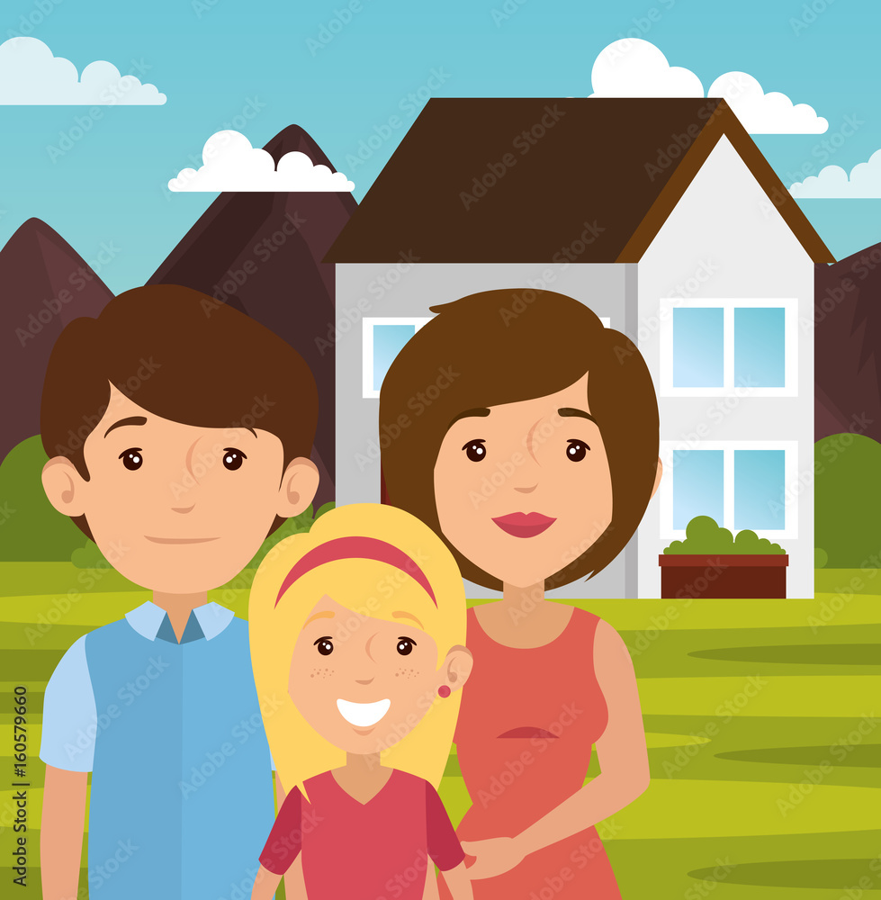 Family with outdoors landscape and house behind vector illustration Family with outdoors landscape and house behind vector illustration