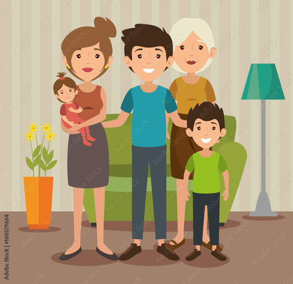 Big family at the living room colorful design vector illustration
