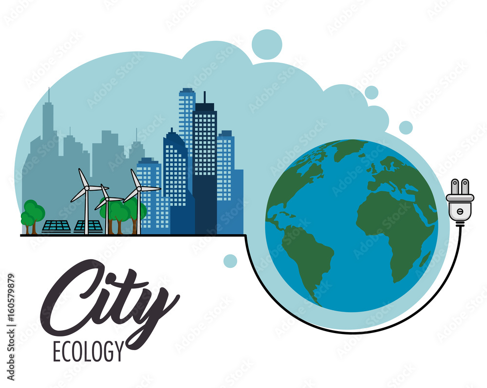 Fototapeta premium Eco friendly city with wind turbines and solar panels next to glove and electric plug over white background vector illustration