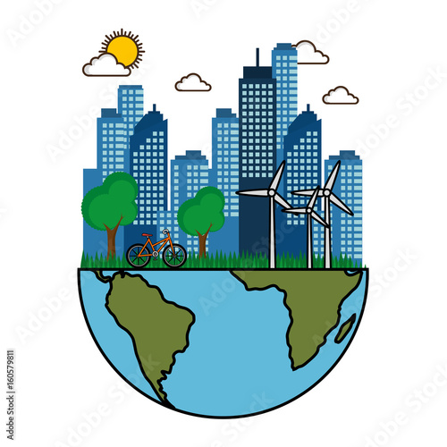 Eco friendly city with wind turbines bike and half of planet earth design vector illustration
