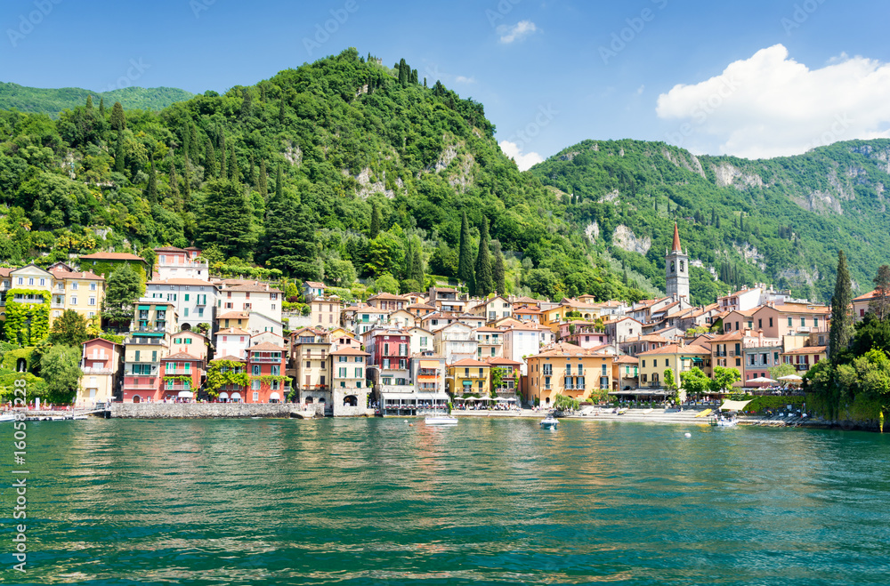 view on town Varenna from Lake Como in North Italy