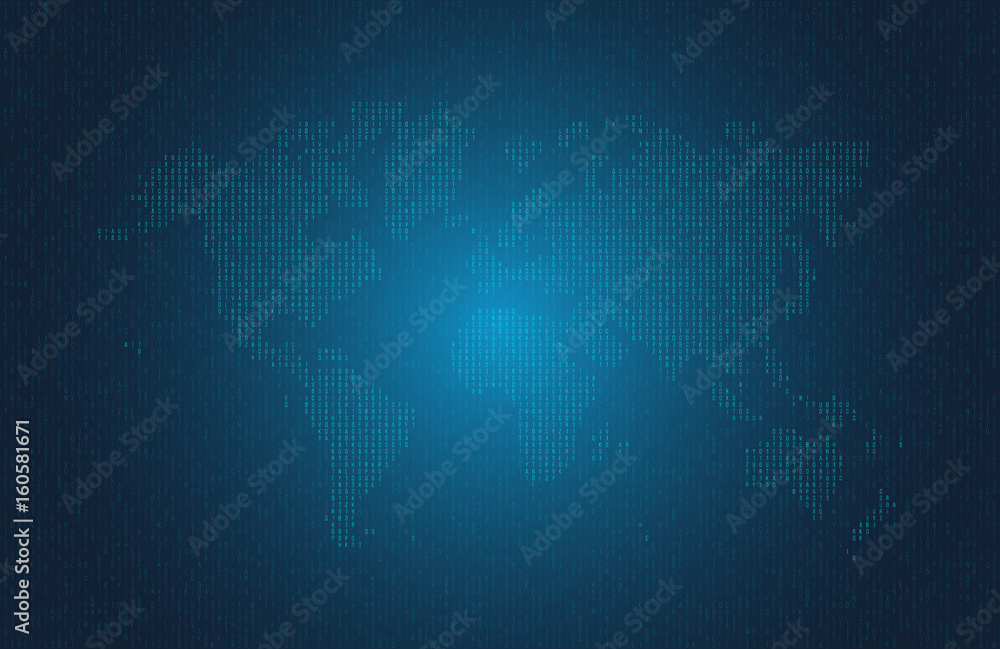 Hexadecimal computer code in the form of a silhouette of the world map. Blue symbols on dark background. Abstract background. Hacker attack. Generated computer code concept Hexadecimal computer code in the form of a silhouette of the world map. Blue symbols on dark background. Abstract background. Hacker attack. Generated computer code concept