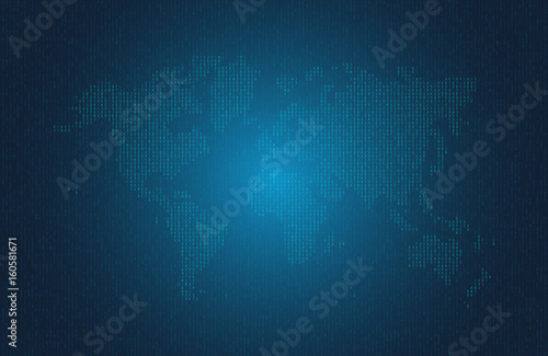 Hexadecimal computer code in the form of a silhouette of the world map. Blue symbols on dark background. Abstract background. Hacker attack. Generated computer code concept