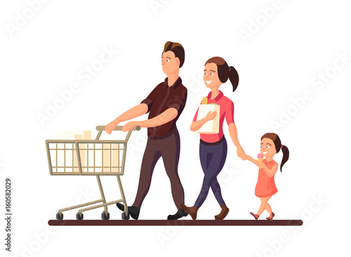 A vector illustration of family going to the market. Characters of smiling members of family: mother, father and child on white background. Mom holds the daughter's hand. Clip art in flat design.