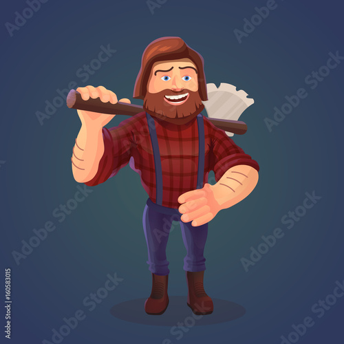 Vector illustration of standing lumberjack with axe. A cartoon character of happy feller with beard in red shirt and tailors. A concept of hipster woodcutter on dark blue background.