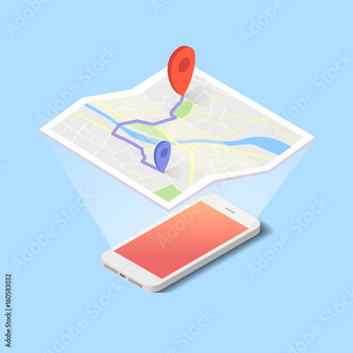 Vector hologram of map with navigation on the smartphone in flat design