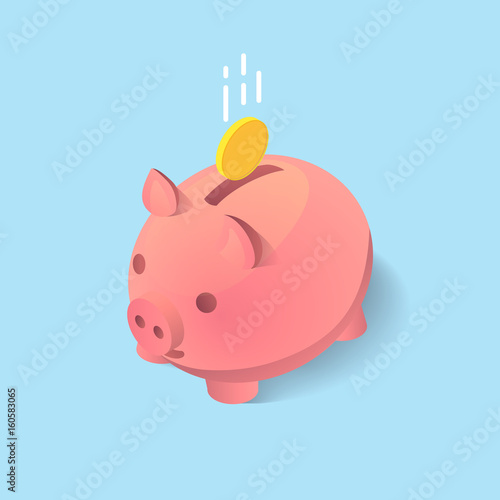 A vector clip art of moneybox in the form of a pig with a coin falling into it. Concept of saving money in isometric 3D style and flat design.