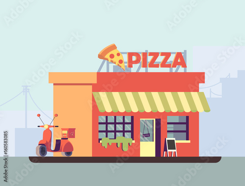 A vector illustration of italian pizzeria in flat design. A building with a motorbike nearby. 