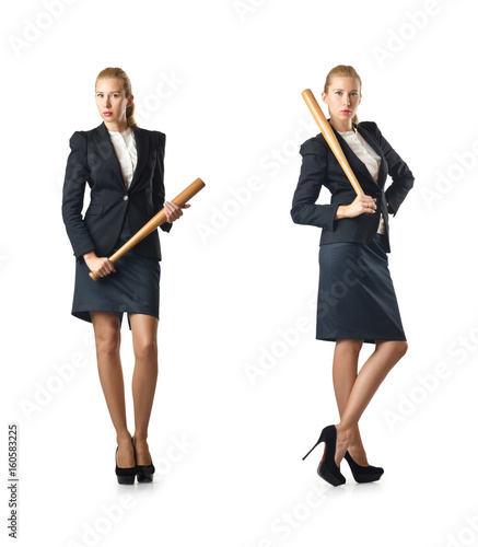 Businesswoman with baseball bat on white