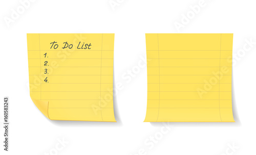 Yellow stick notes isolated on white background. To do list.