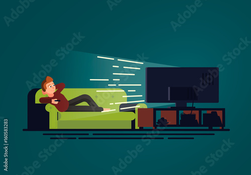 An illustration in flat design of a man lying on the couch who watches TV. Sofa and television set in dark room on the blue background. Vector concept