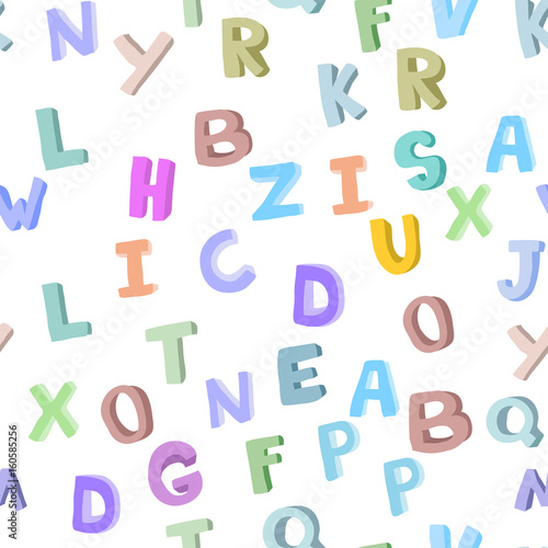 Vector seamless pattern of hand-drawn children's alphabet. 3D doodle letters. ABC font background illustration for kids.